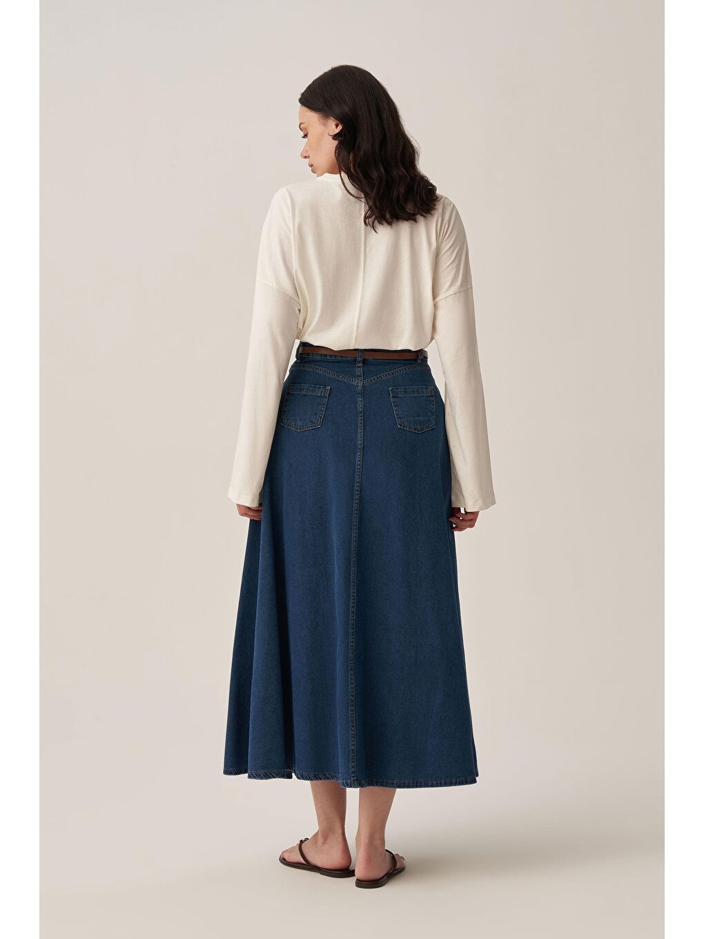 Koyu Mavi-5 Cep Kloş Denim Etek-3