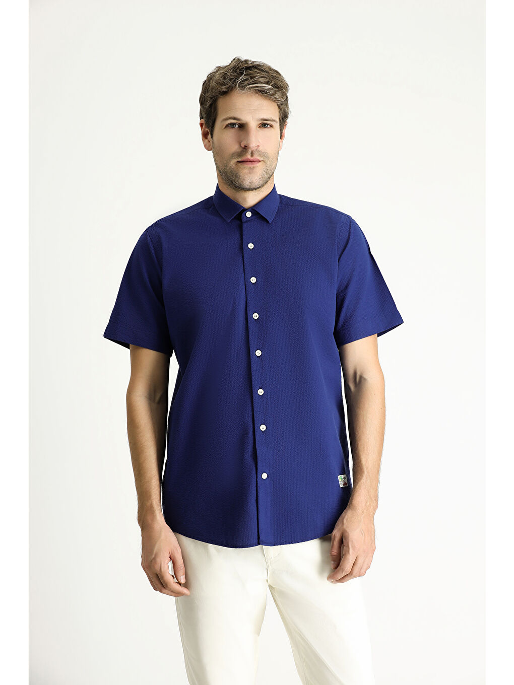 Lacivert Kısa Kol Regular Fit Desenli Gofre Pamuk Gömlek-2