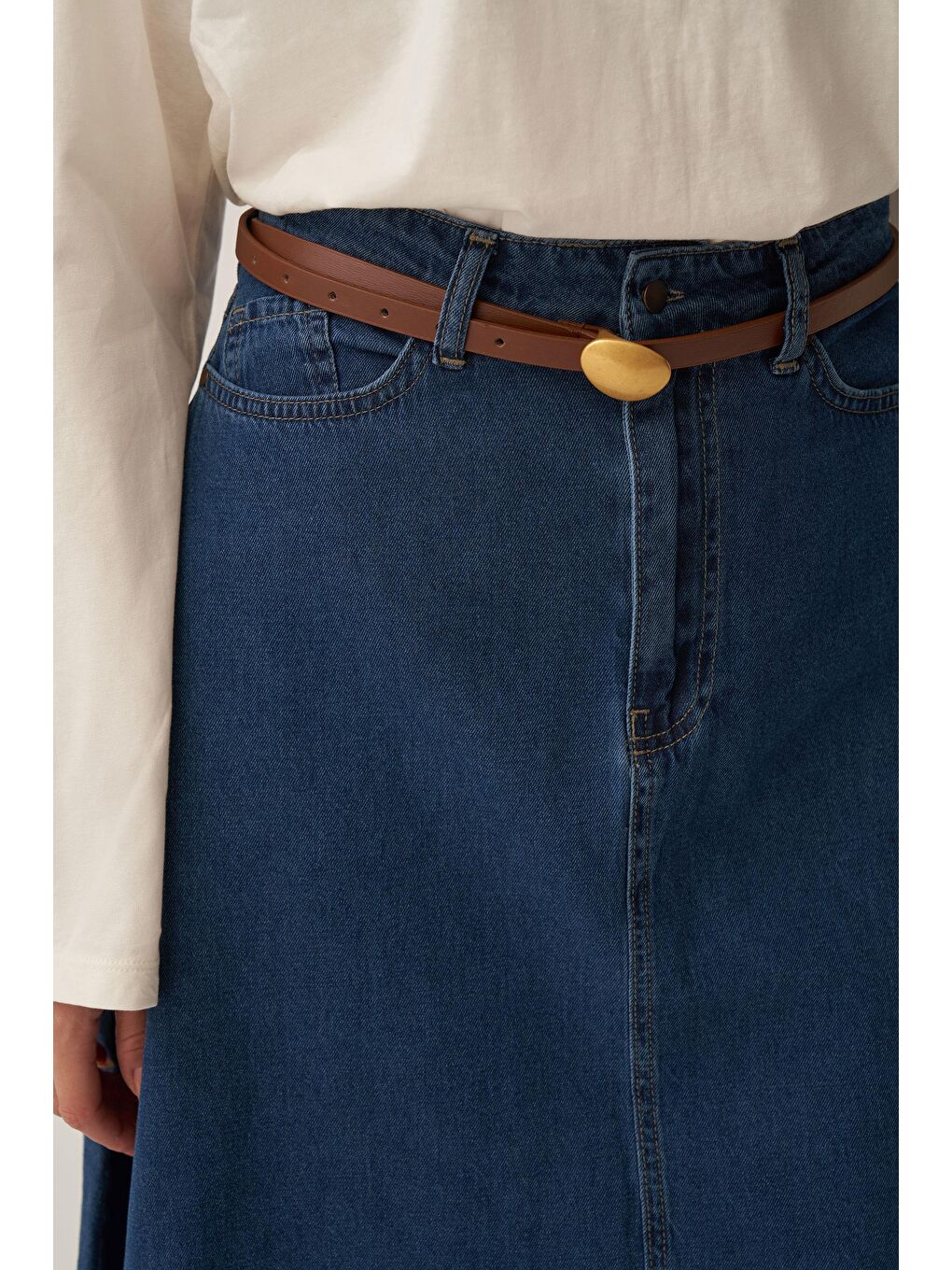 Koyu Mavi-5 Cep Kloş Denim Etek-4