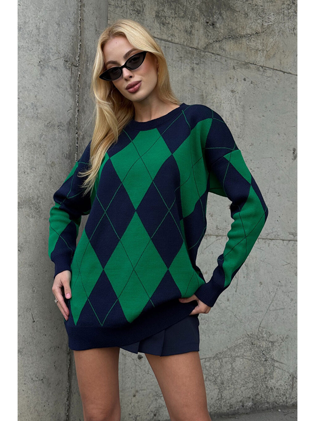 Yeşil Bisiklet Yaka Baklava Desenli Triko Kazak-2