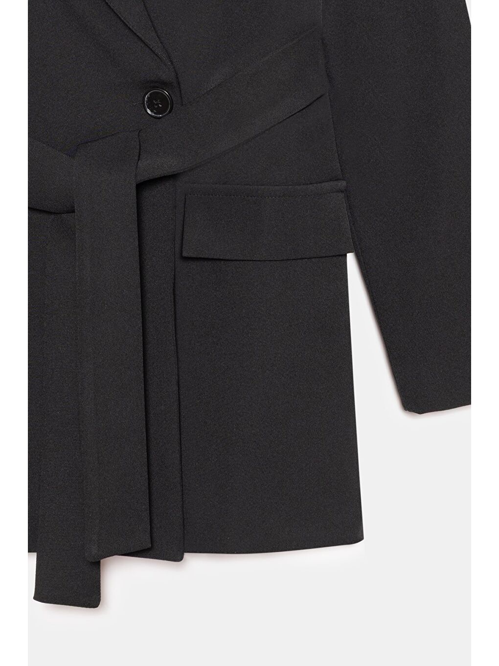 Siyah Kuşaklı Cep Detaylı Blazer Dokuma Ceket-2