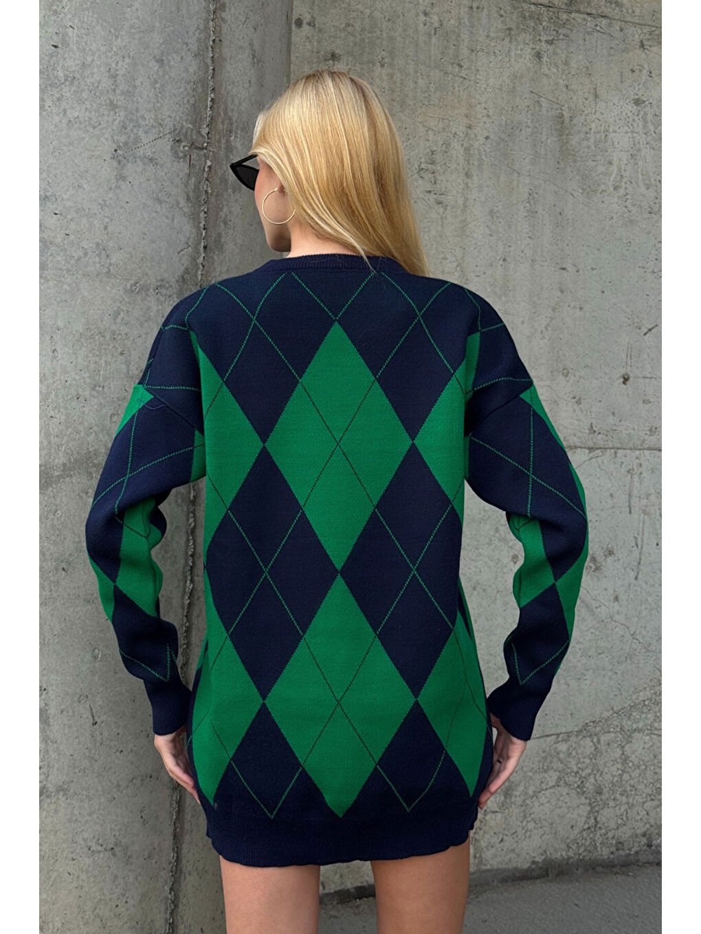 Yeşil Bisiklet Yaka Baklava Desenli Triko Kazak-4