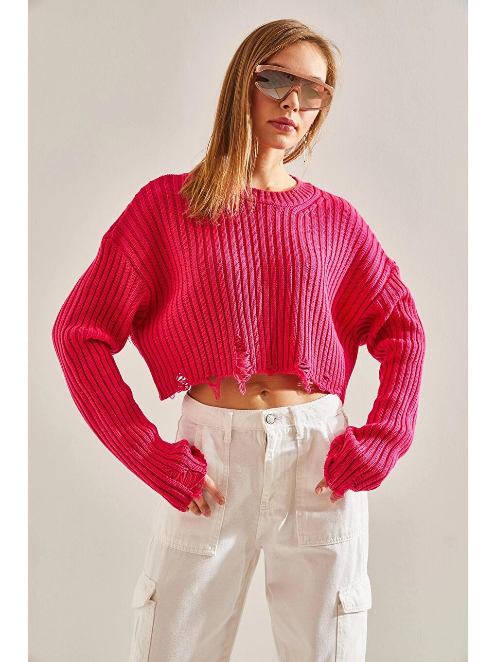 Fuşya Kadın Bisiklet Yaka Yırtık Detaylı Crop Triko Kazak-2