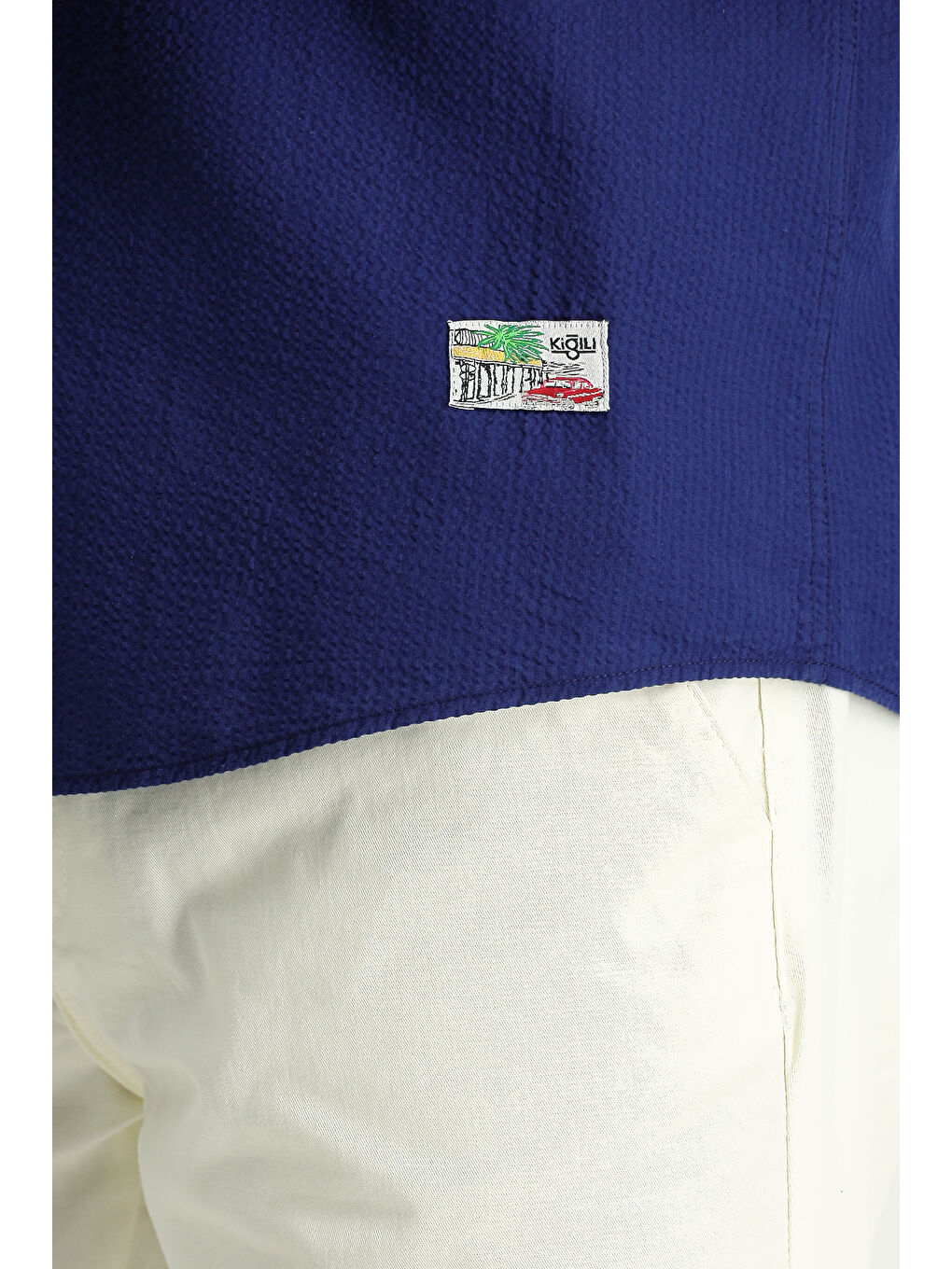 Lacivert Kısa Kol Regular Fit Desenli Gofre Pamuk Gömlek-4