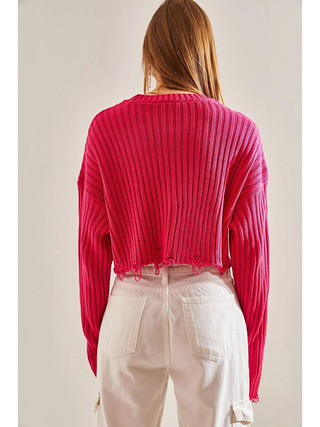 Fuşya Kadın Bisiklet Yaka Yırtık Detaylı Crop Triko Kazak-3
