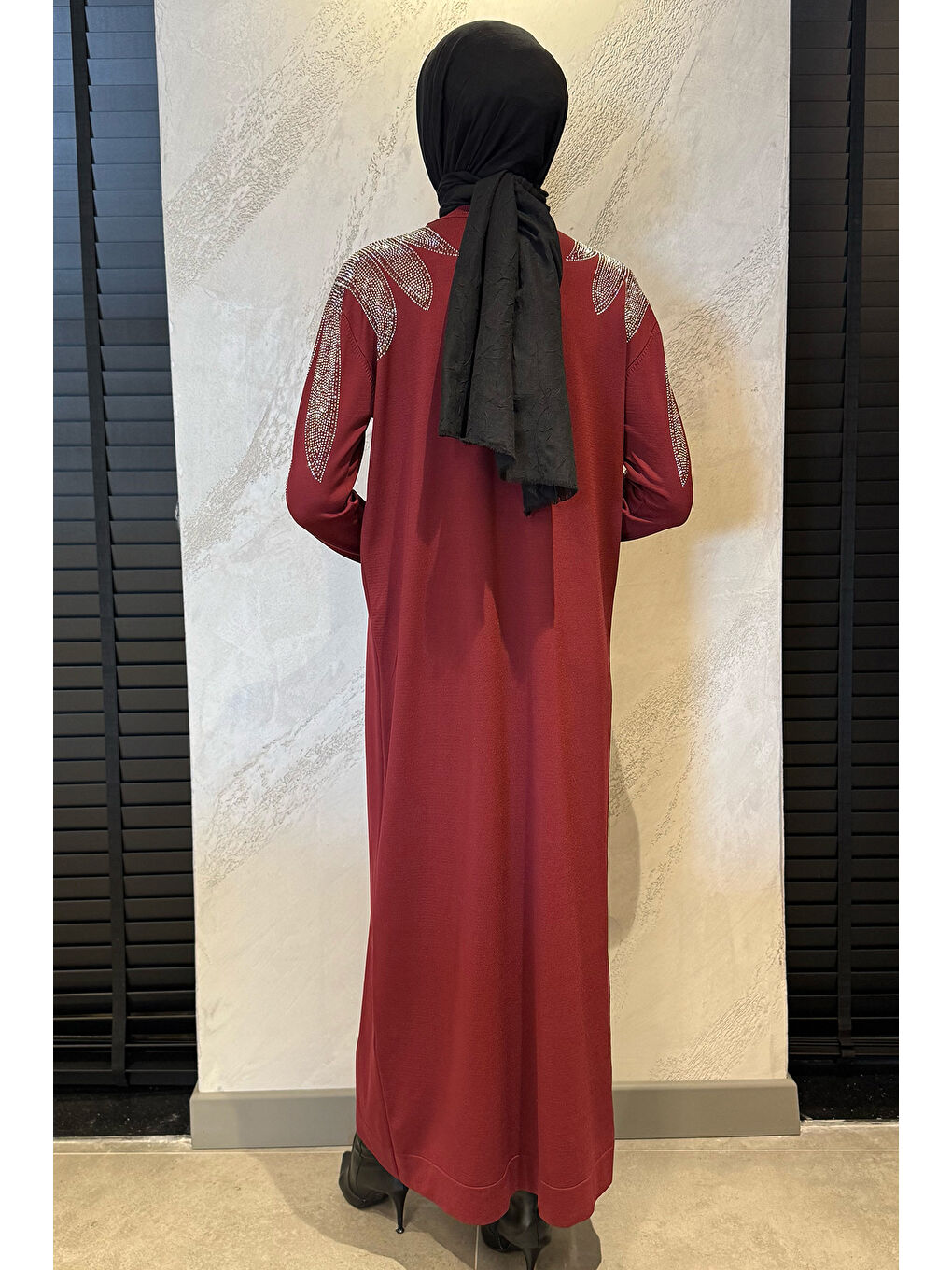 Bordo Taş İşlemeli Tesettür Triko Elbise-6