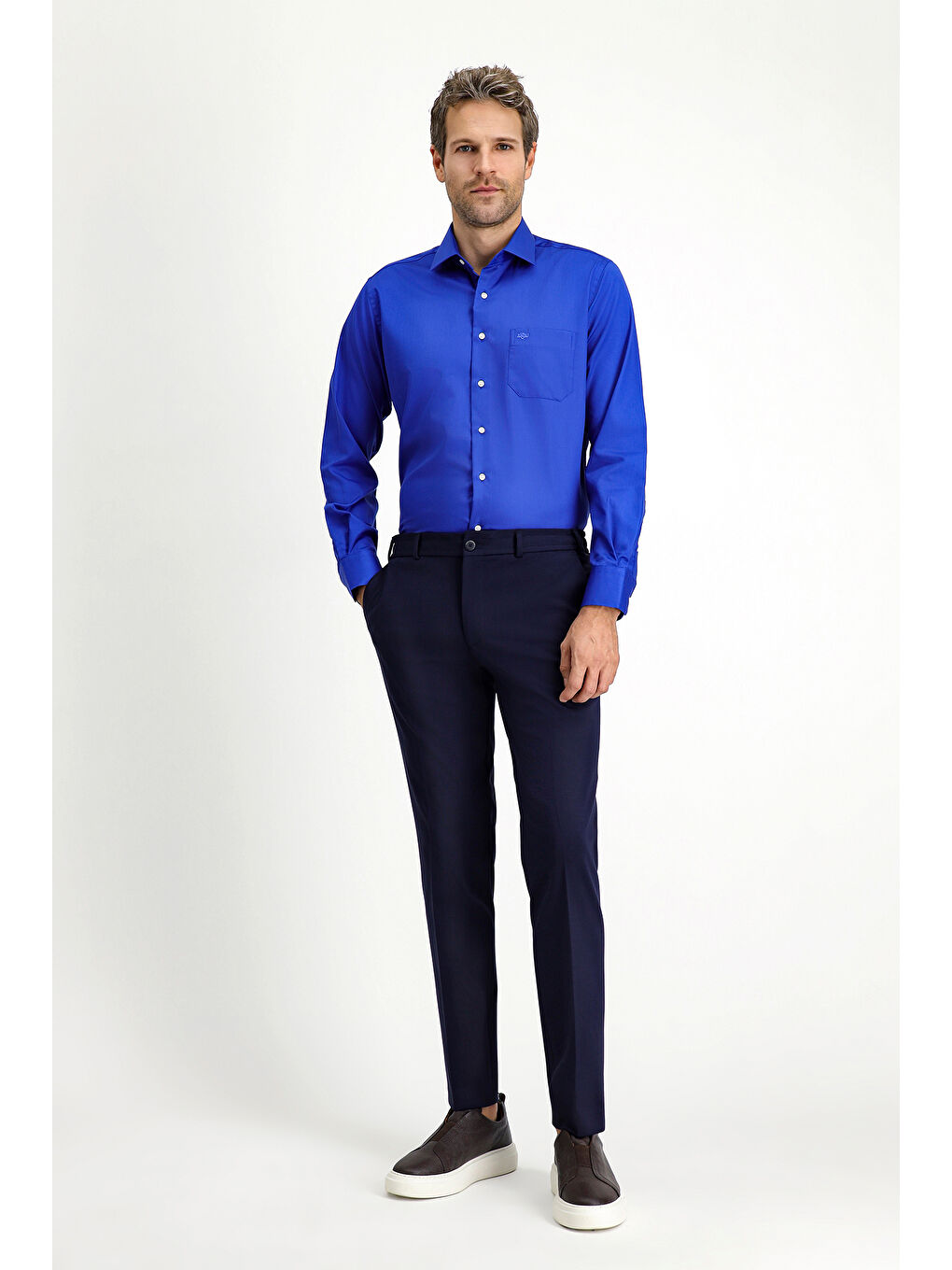 Mavi Uzun Kol Non Iron Saten Klasik Pamuklu Gömlek-1