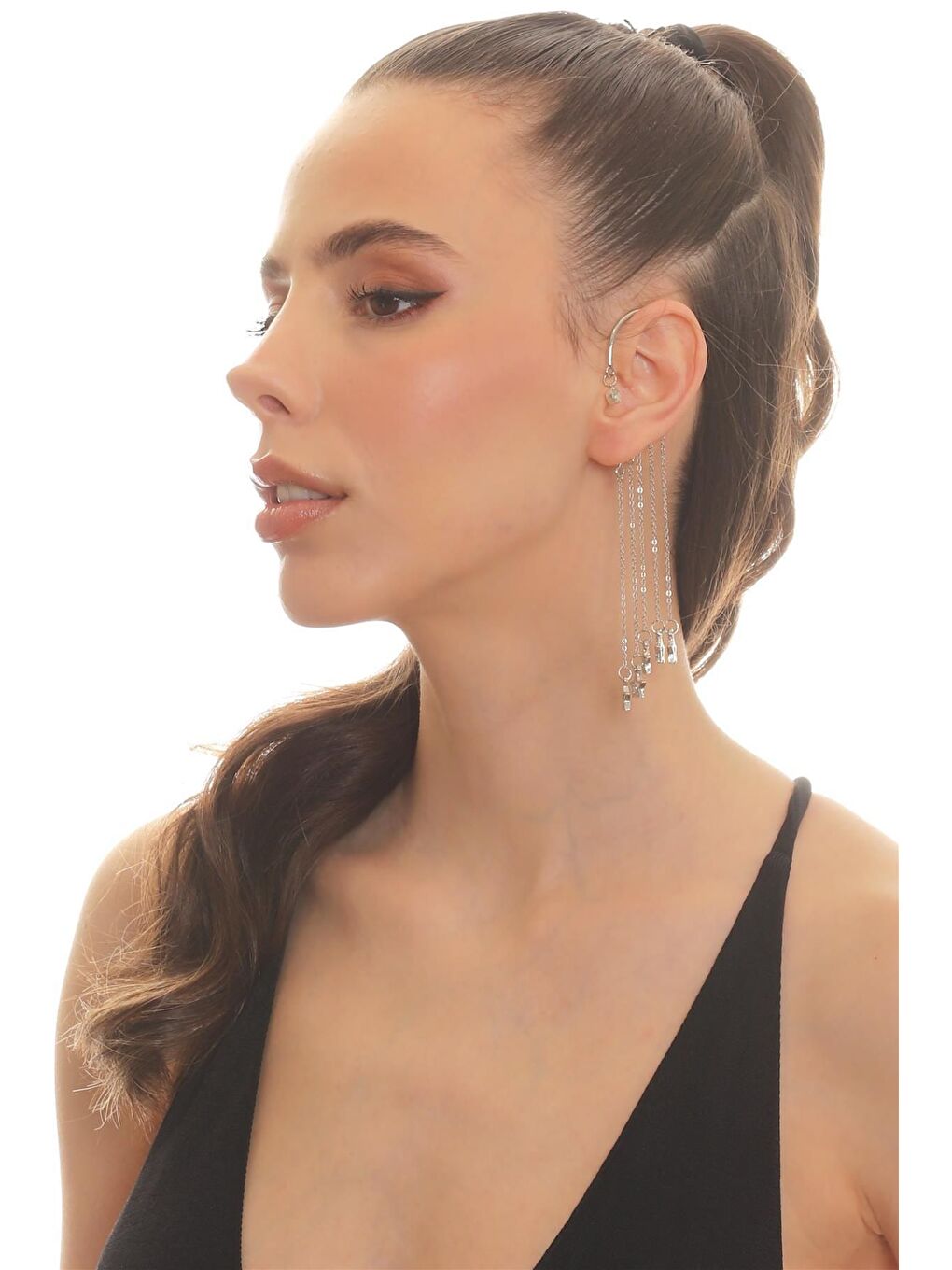 Gri Kadın Gümüş Renk Lak Kaplama Tek Taş Detaylı Sallantılı Yıldız Charm Earcuff&Kıkırdak Küpe-1