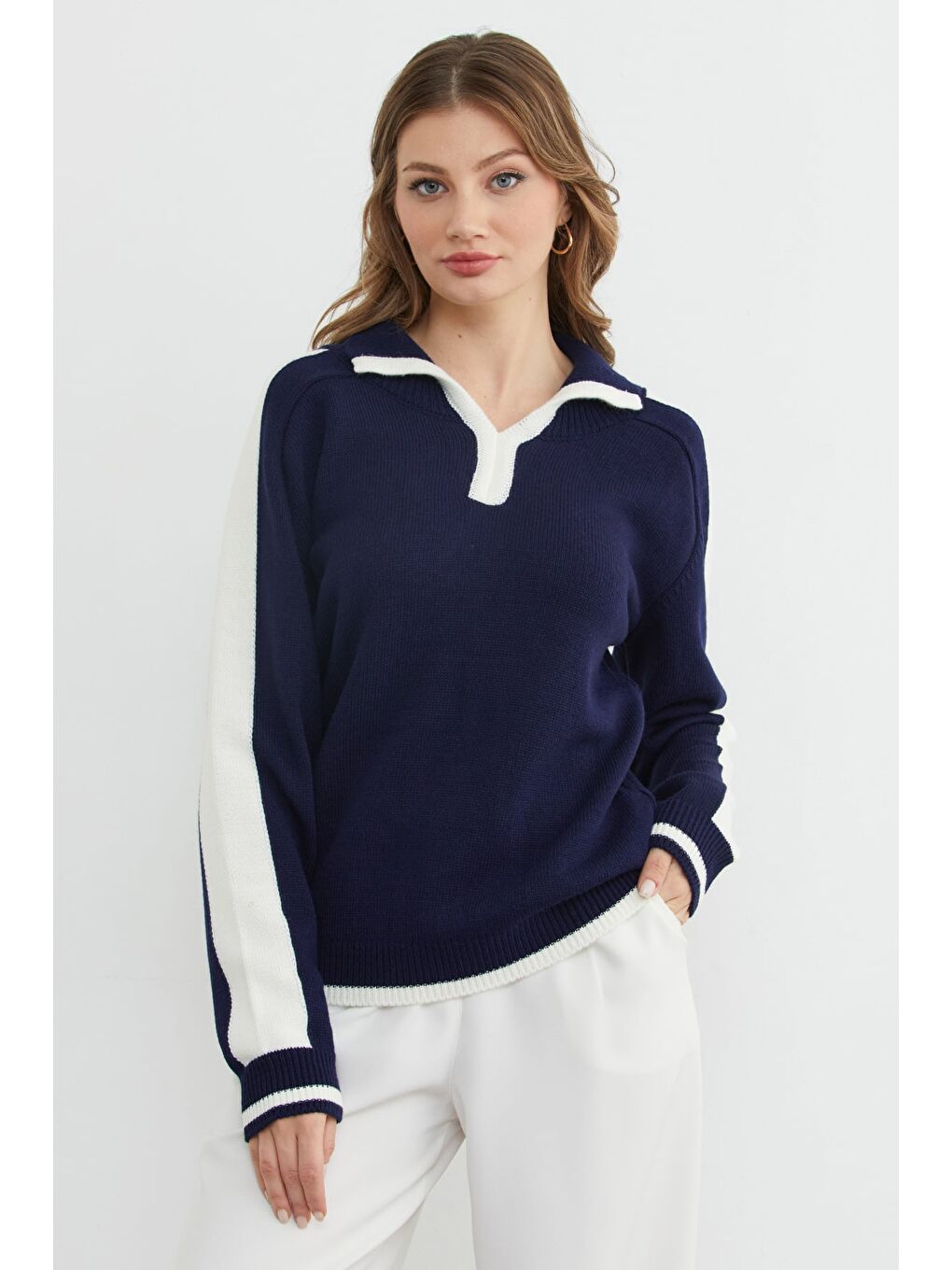 Lacivert Şeritli Polo Yaka Salaş Triko Kazak-1