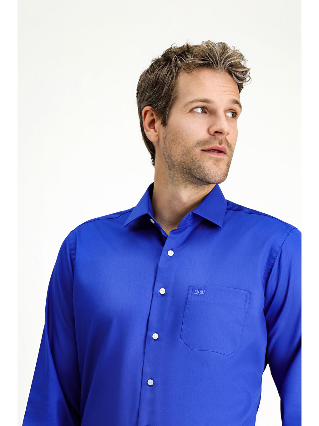 Mavi Uzun Kol Non Iron Saten Klasik Pamuklu Gömlek-2