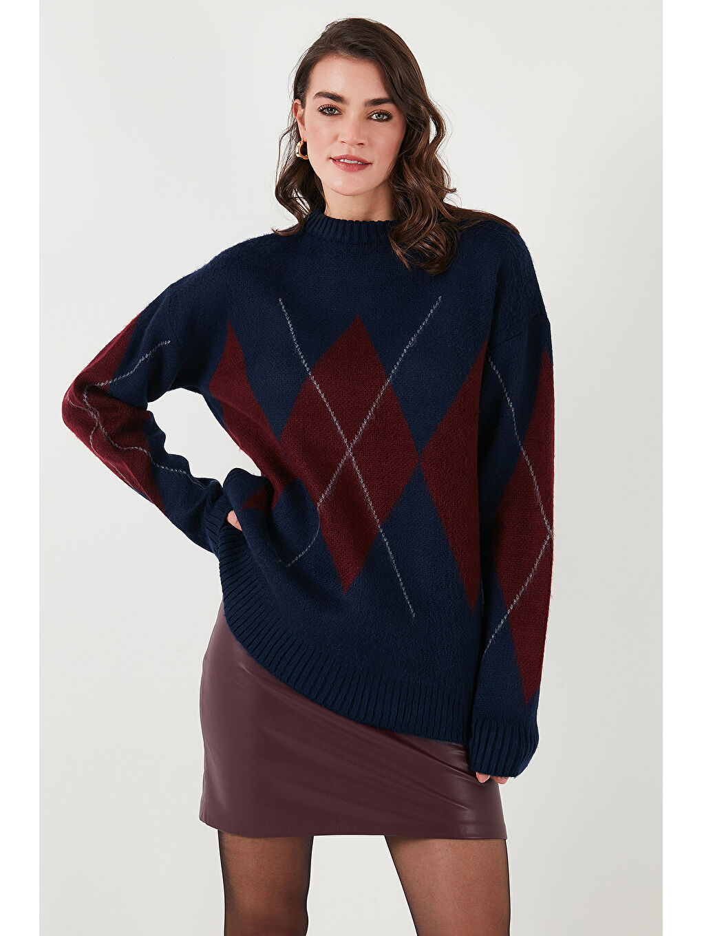 Lacivert Baklava Desenli Standart Fit Bisiklet Yaka Kazak 4615574-3