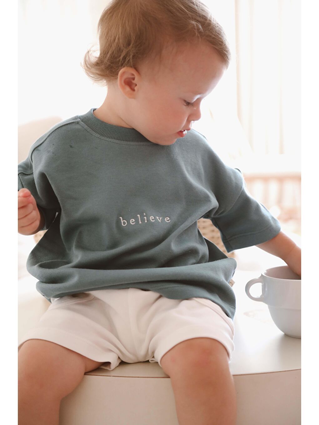 Yeşil Bisiklet Yaka Oversize T-Shirt Bebek - Çocuk-3