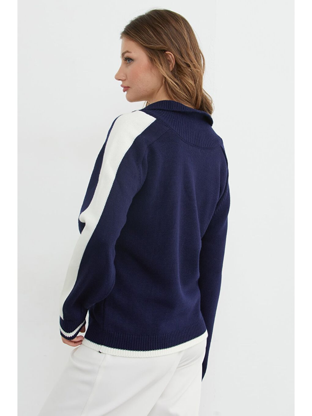 Lacivert Şeritli Polo Yaka Salaş Triko Kazak-2