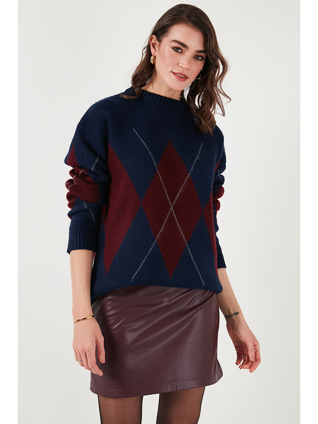 Lacivert Baklava Desenli Standart Fit Bisiklet Yaka Kazak 4615574-4