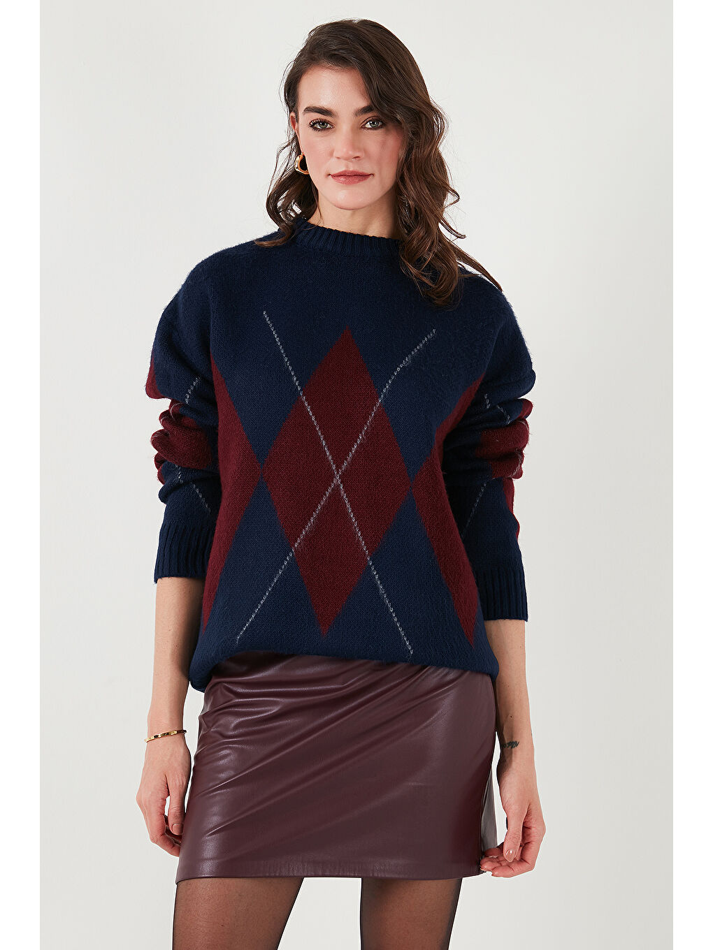 Lacivert Baklava Desenli Standart Fit Bisiklet Yaka Kazak 4615574-5