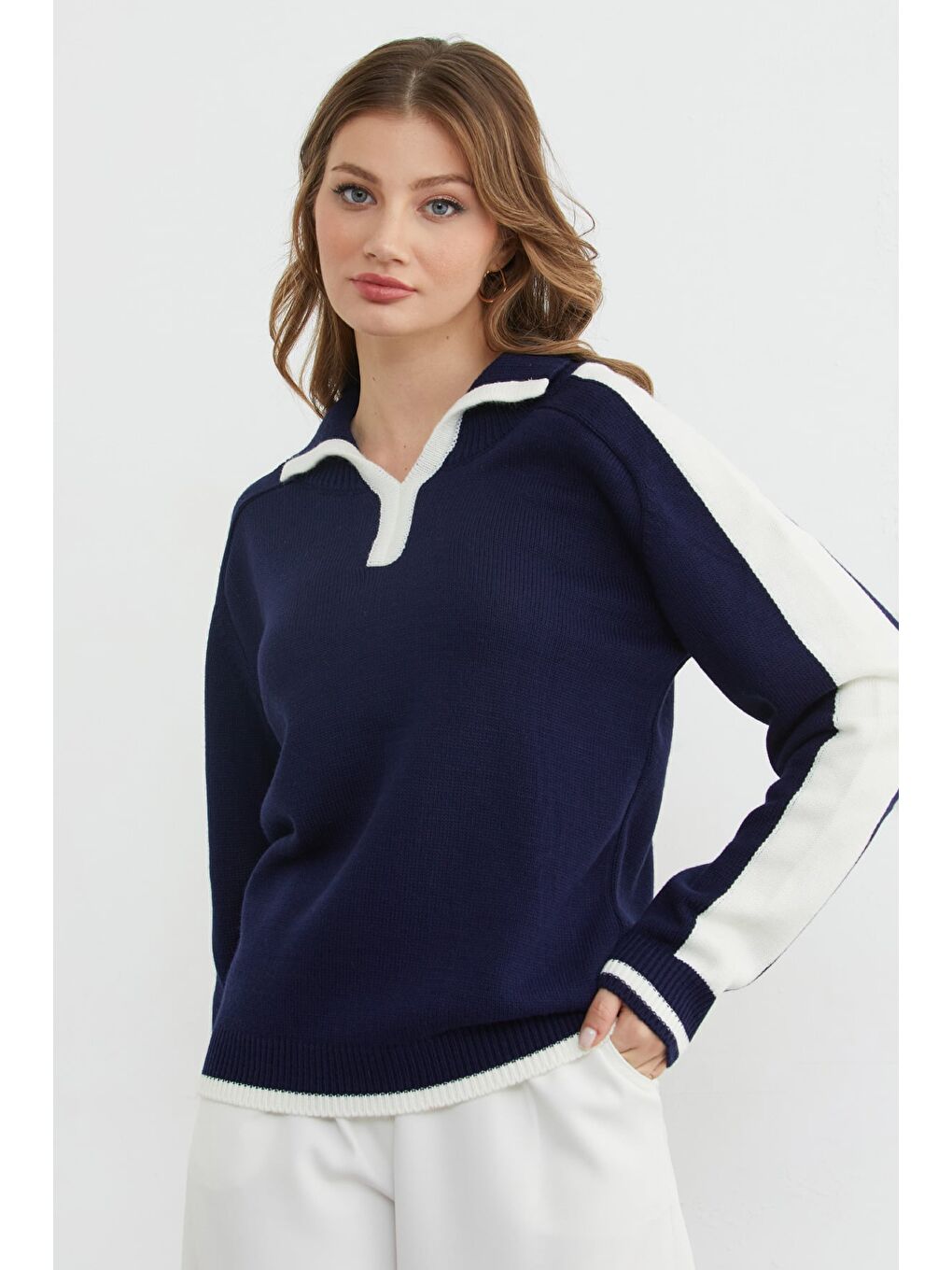 Lacivert Şeritli Polo Yaka Salaş Triko Kazak-3