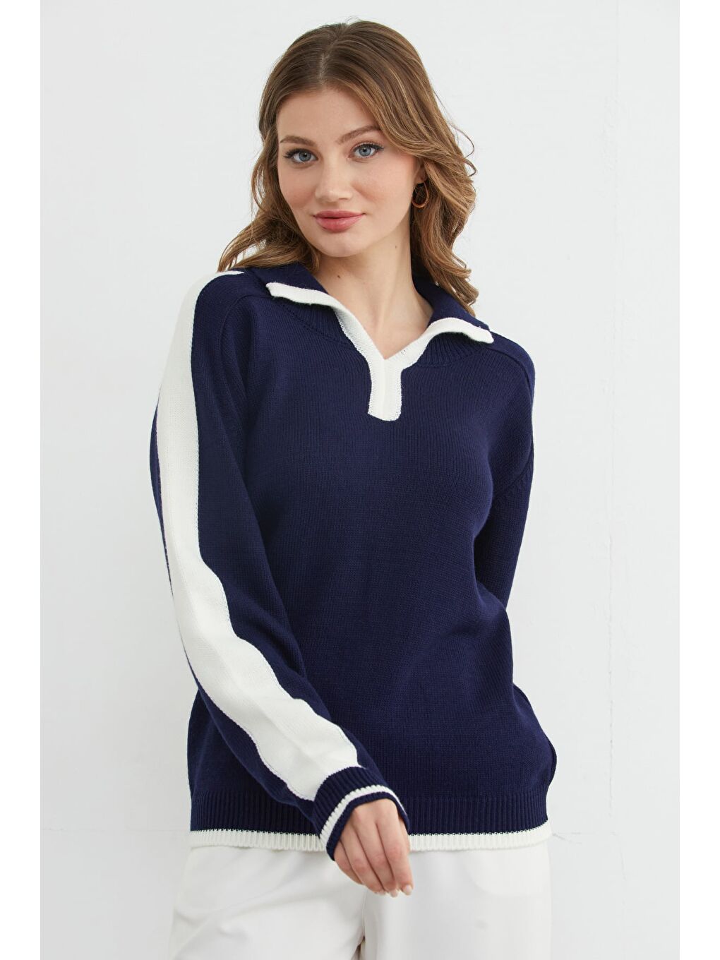 Lacivert Şeritli Polo Yaka Salaş Triko Kazak-4