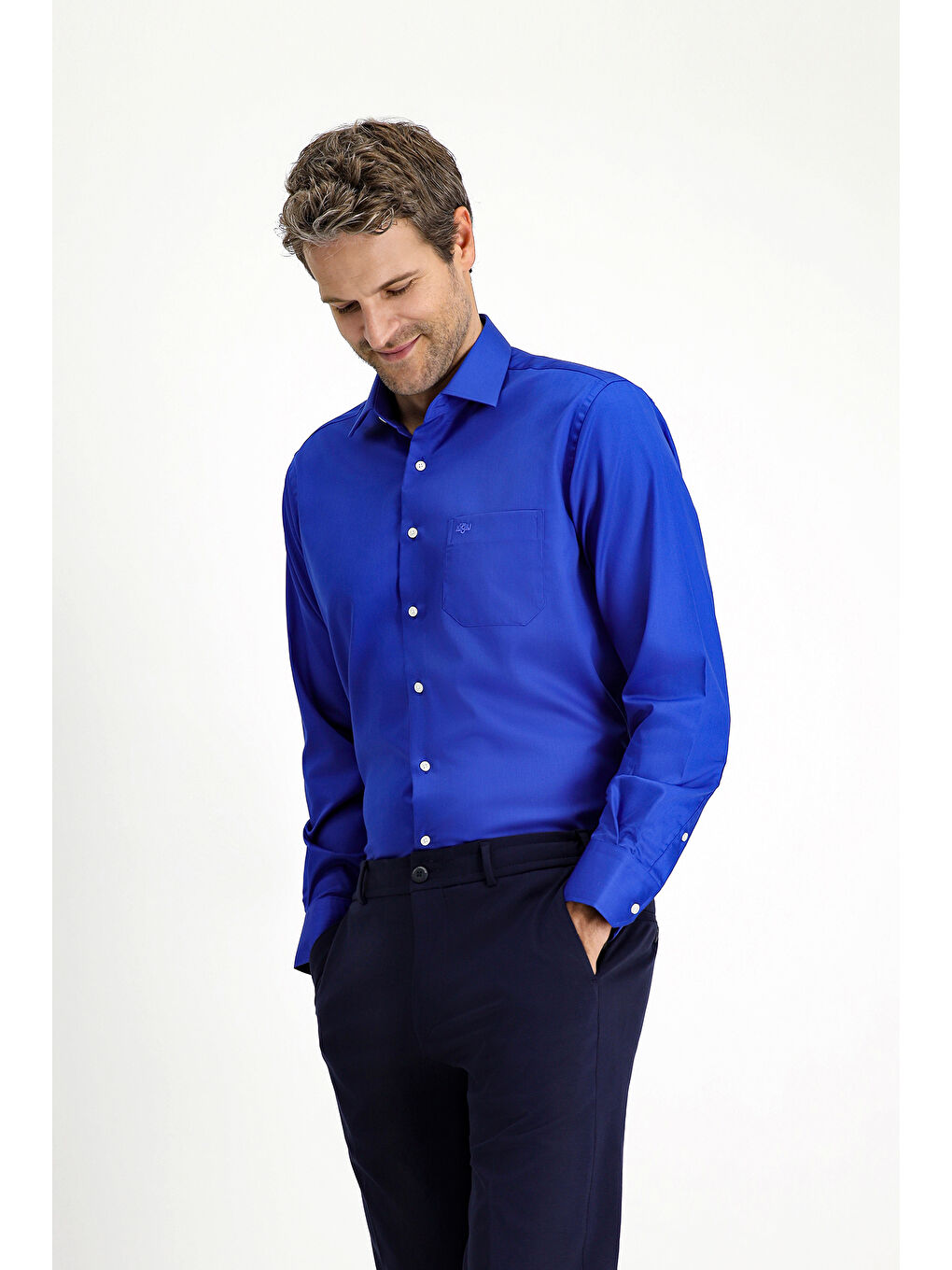 Mavi Uzun Kol Non Iron Saten Klasik Pamuklu Gömlek-3