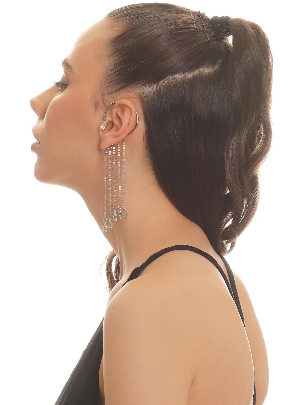 Gri Kadın Gümüş Renk Lak Kaplama Tek Taş Detaylı Sallantılı Yıldız Charm Earcuff&Kıkırdak Küpe-2