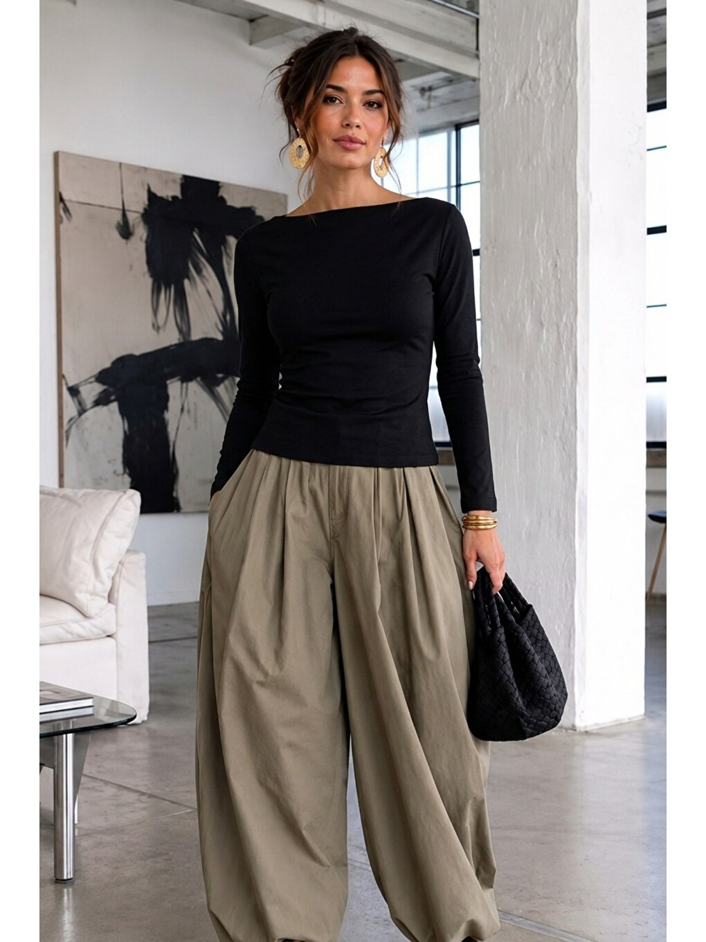 Kadın Gabardin Pamuklu Casual Siyah Bluz
