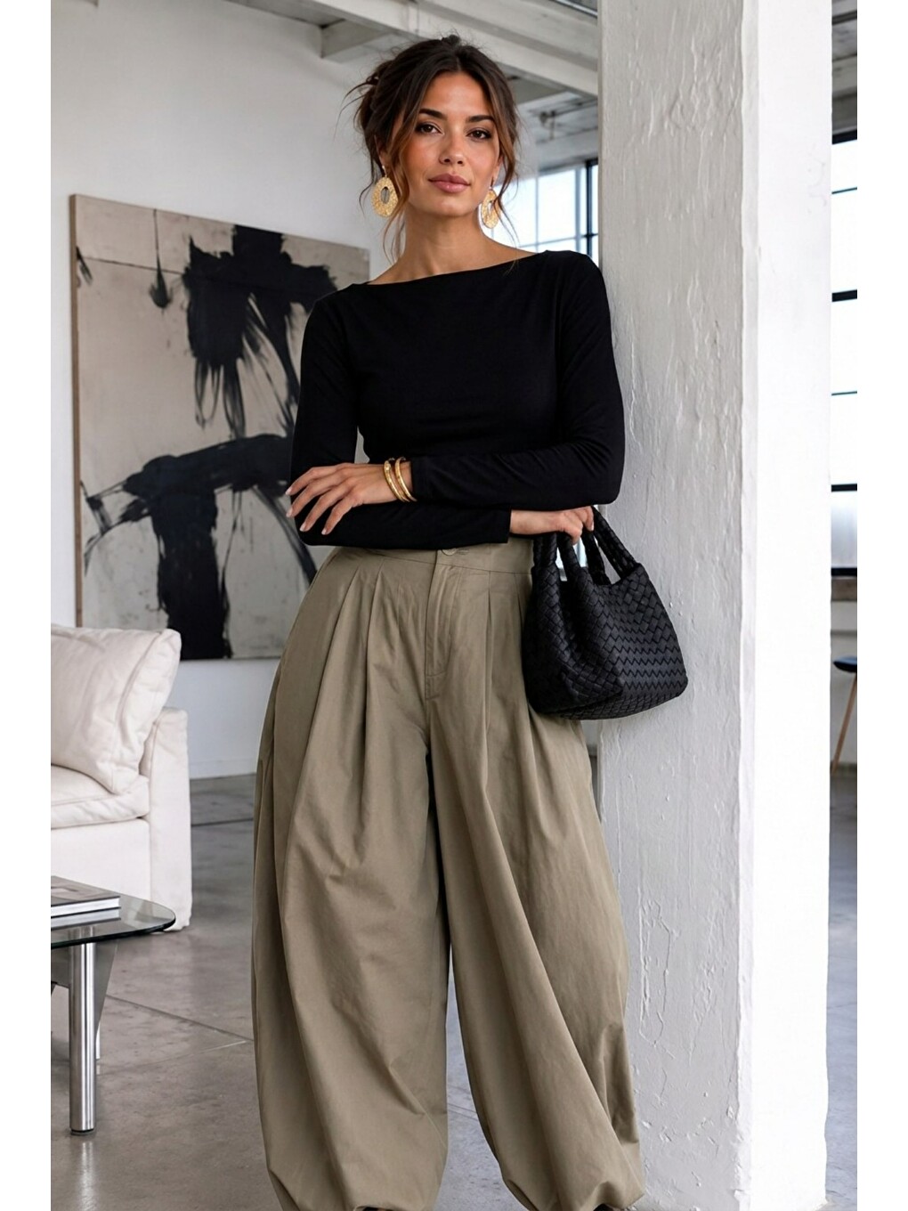 Kadın Gabardin Pamuklu Casual Siyah Bluz-1