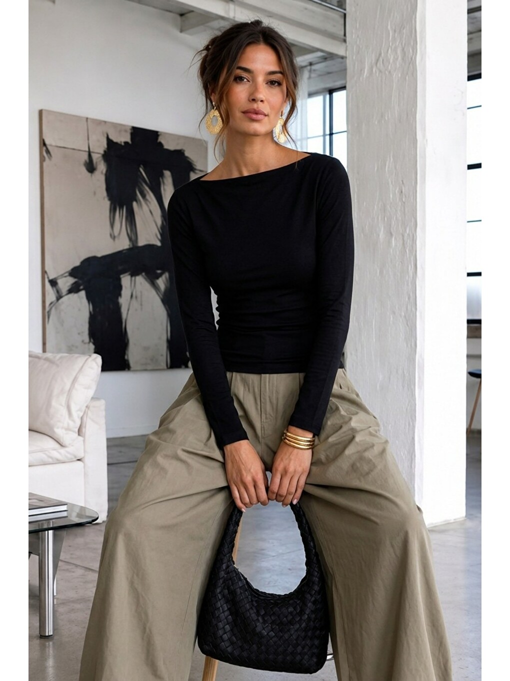Kadın Gabardin Pamuklu Casual Siyah Bluz-2