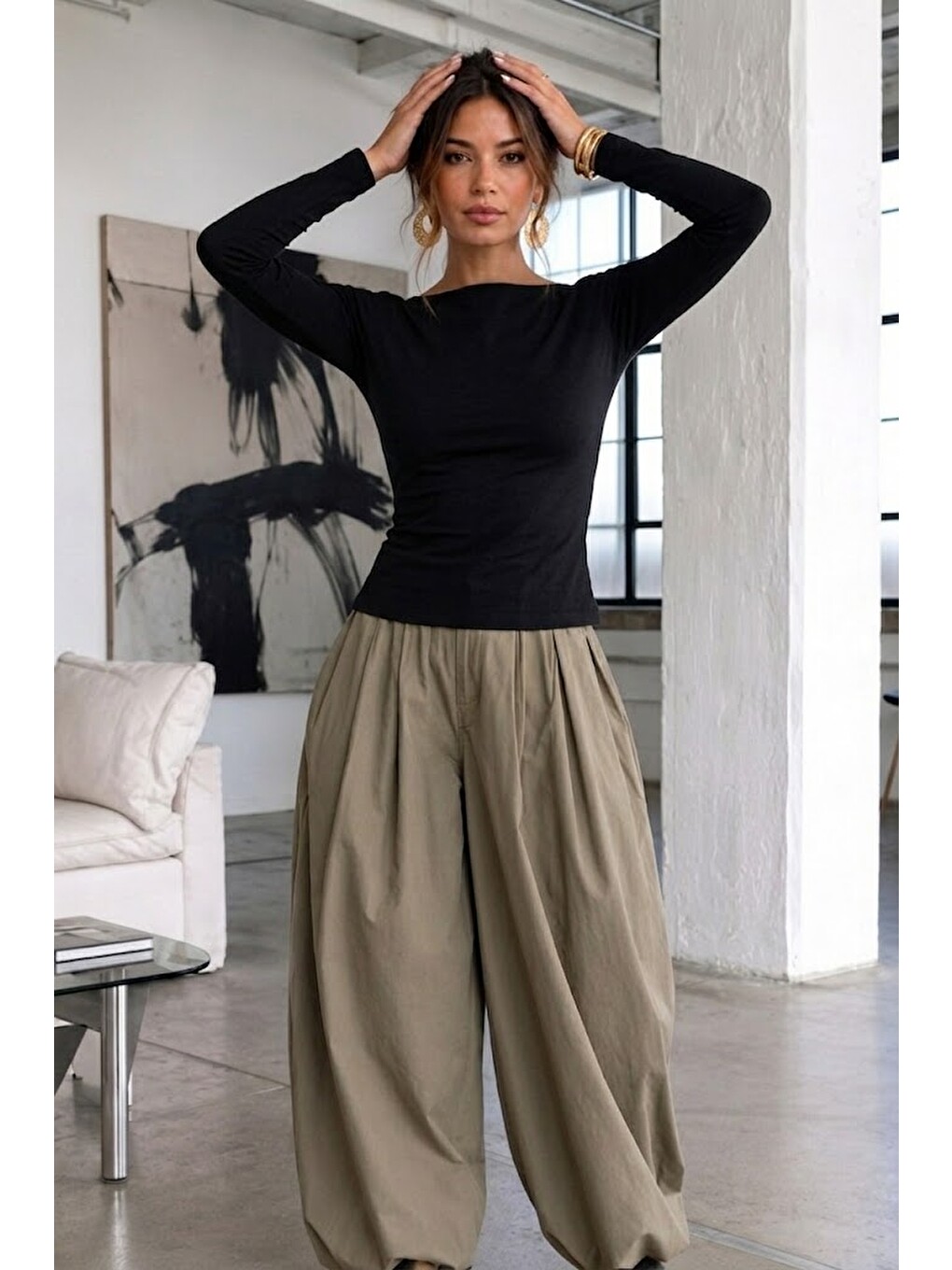 Kadın Gabardin Pamuklu Casual Siyah Bluz-3