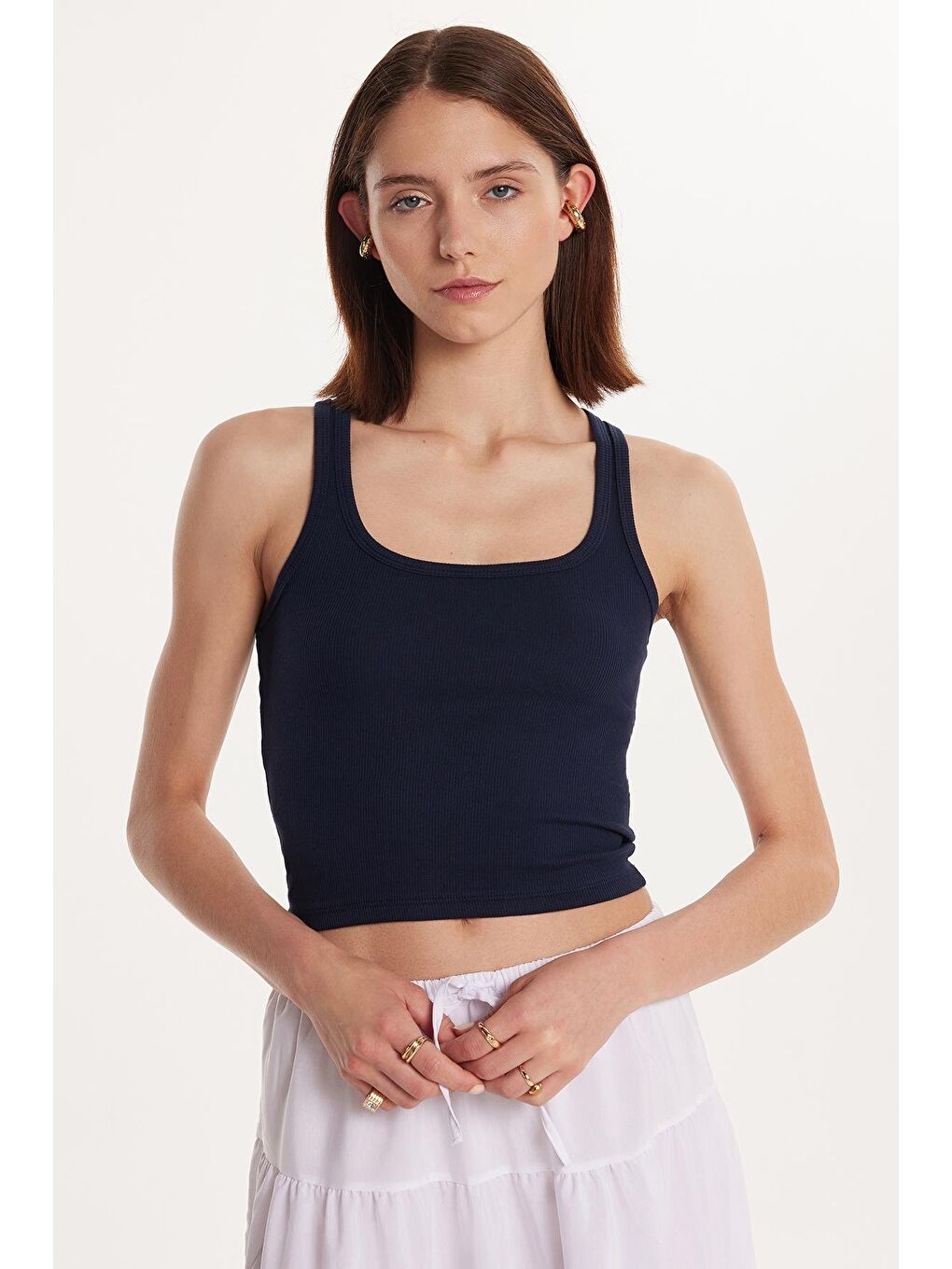 Kadın Slim Fit Dar Kesim İnce Askılı U Yaka Lacivert Body Atlet