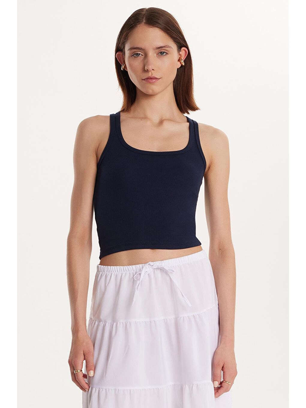 Kadın Slim Fit Dar Kesim İnce Askılı U Yaka Lacivert Body Atlet-3