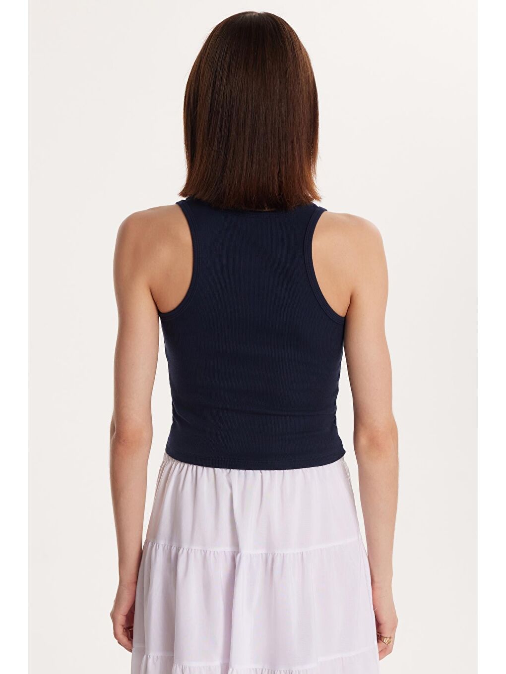 Kadın Slim Fit Dar Kesim İnce Askılı U Yaka Lacivert Body Atlet-4