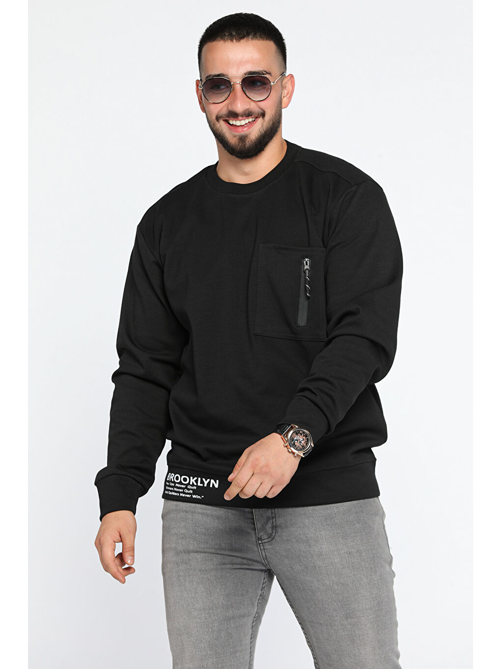 Mishar İtalia Siyah Bisiklet Yaka Cep Fermuar Detaylı Double Face Erkek Sweatshirt