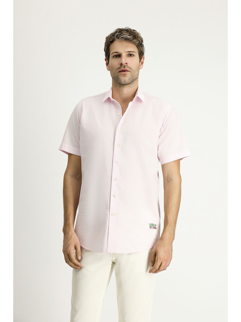 Pembe Kısa Kol Regular Fit Desenli Gofre Pamuk %100 Pamuk Gömlek