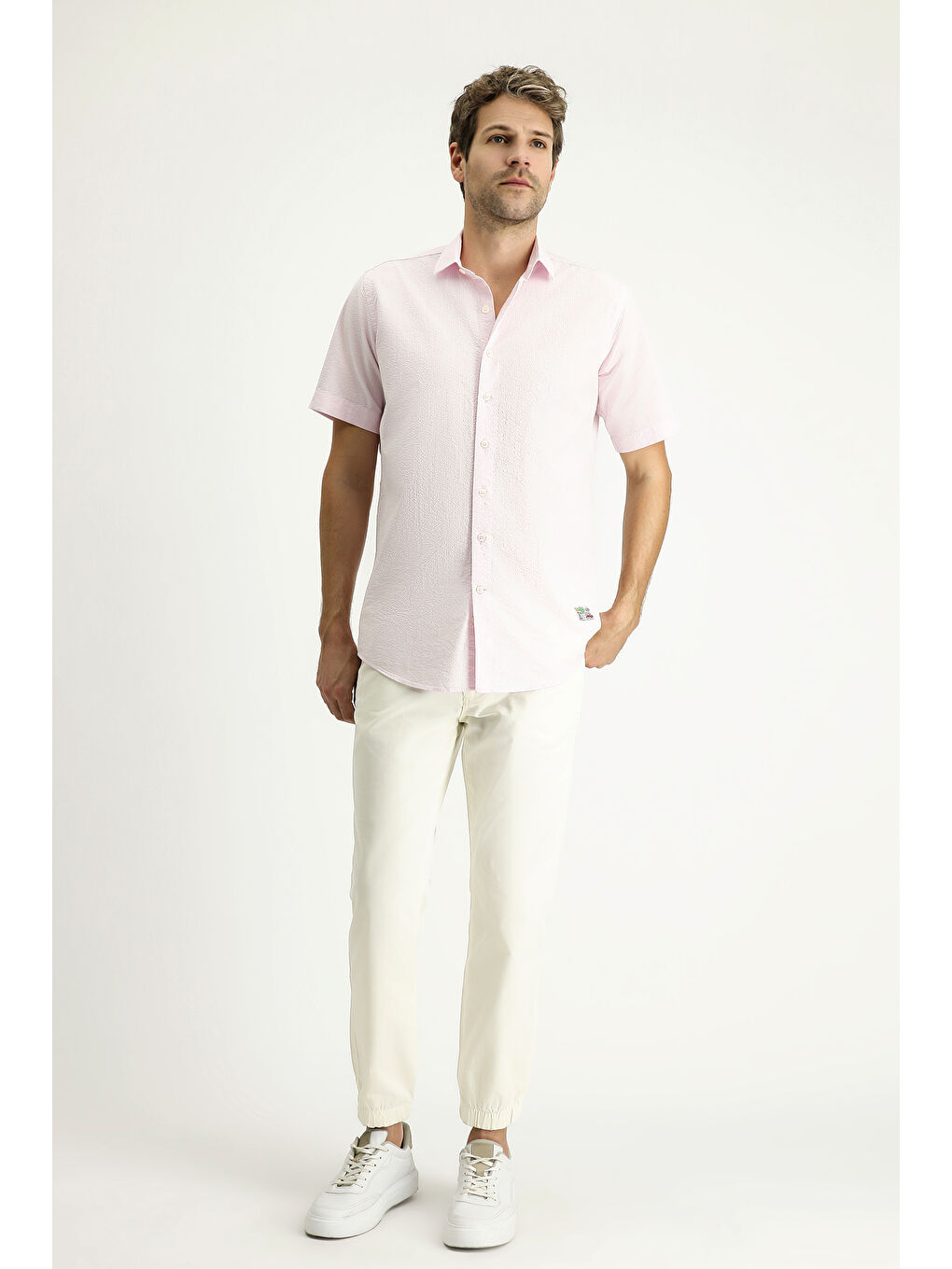 Pembe Kısa Kol Regular Fit Desenli Gofre Pamuk %100 Pamuk Gömlek-1