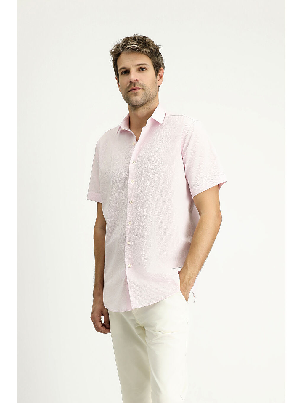 Pembe Kısa Kol Regular Fit Desenli Gofre Pamuk %100 Pamuk Gömlek-2