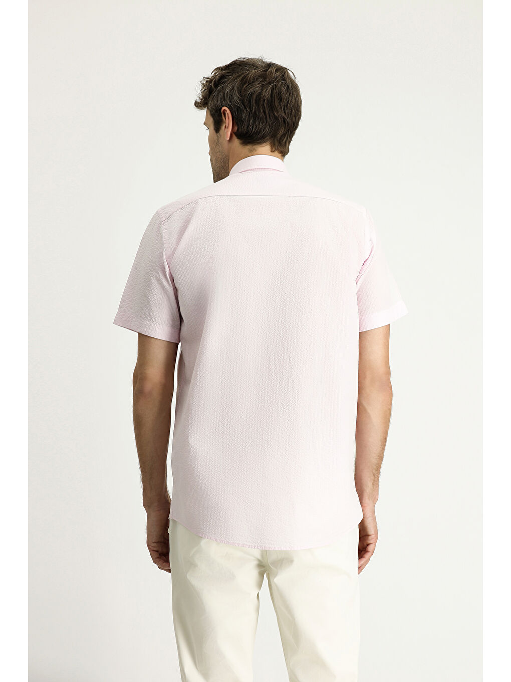 Pembe Kısa Kol Regular Fit Desenli Gofre Pamuk %100 Pamuk Gömlek-4