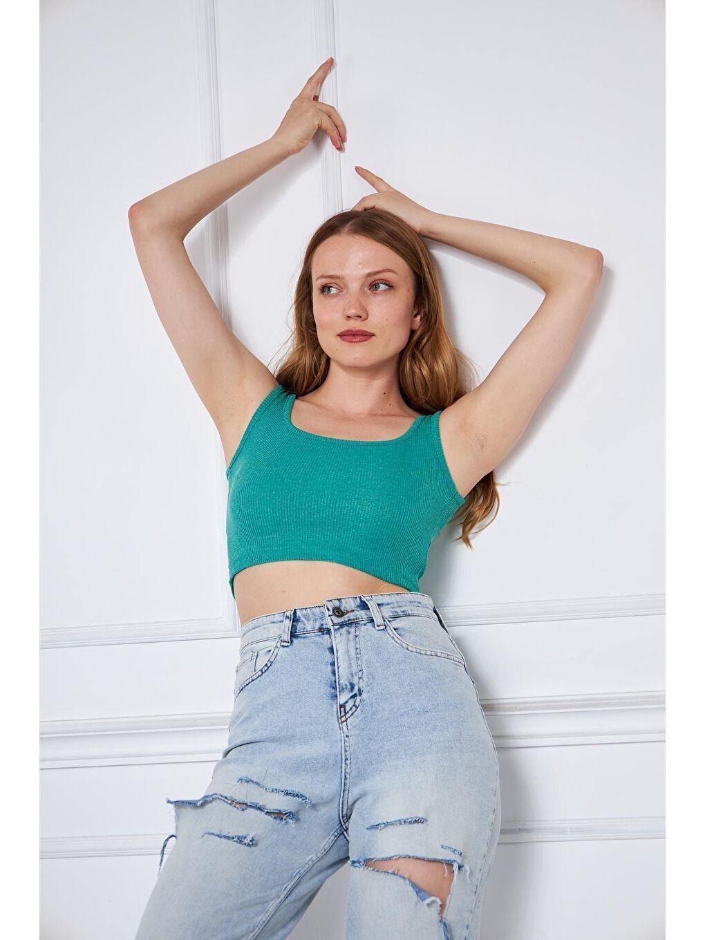 Yeşil Kadın Askılı Crop Top Bluz-2