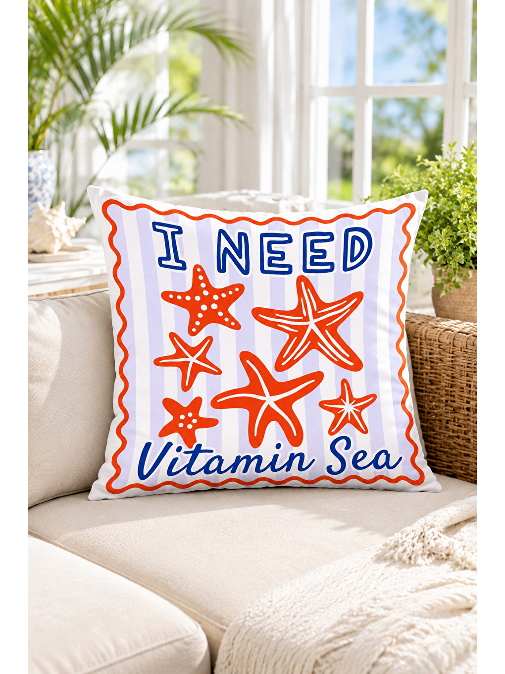 Beyaz Vitamin Sea Deniz Yıldızı Desenli Marin Dekoratif Kırlent Kılıfı Marin Dekor 43x43 Cm-1