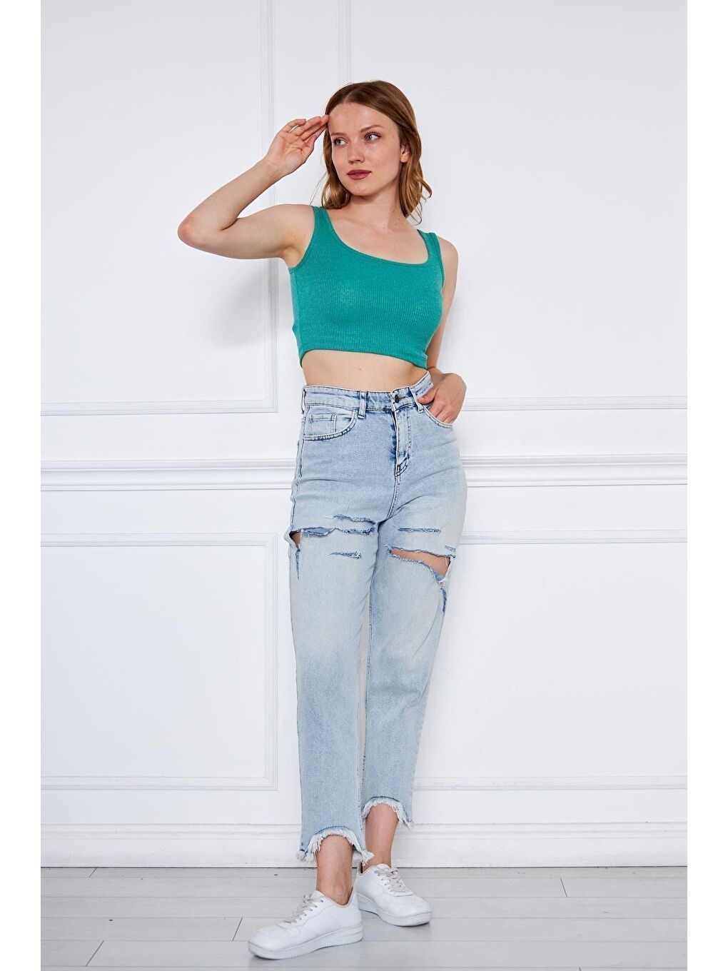 Yeşil Kadın Askılı Crop Top Bluz-3