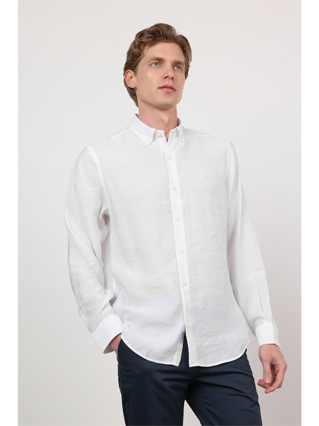 Beyaz Düğmeli Yaka Uzun Kol Cepsiz Slim Fit Modal Gömlek 1004260162-2