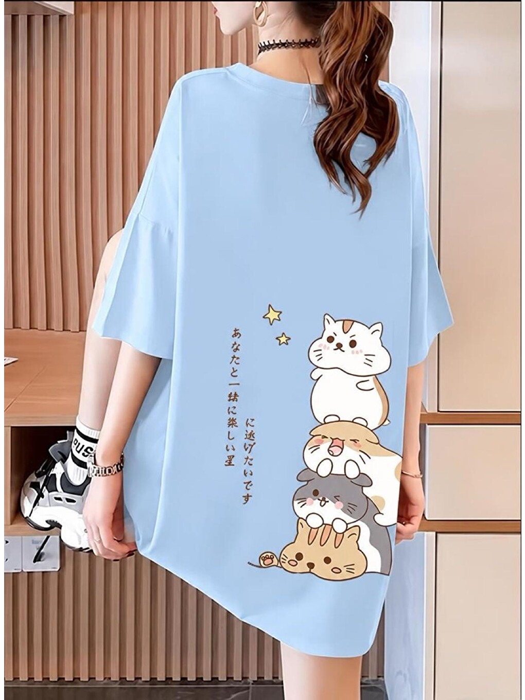 Turkuaz Harajuku Japon Yazılı Kedi Tasarımlı Unisex Oversize T-shirt