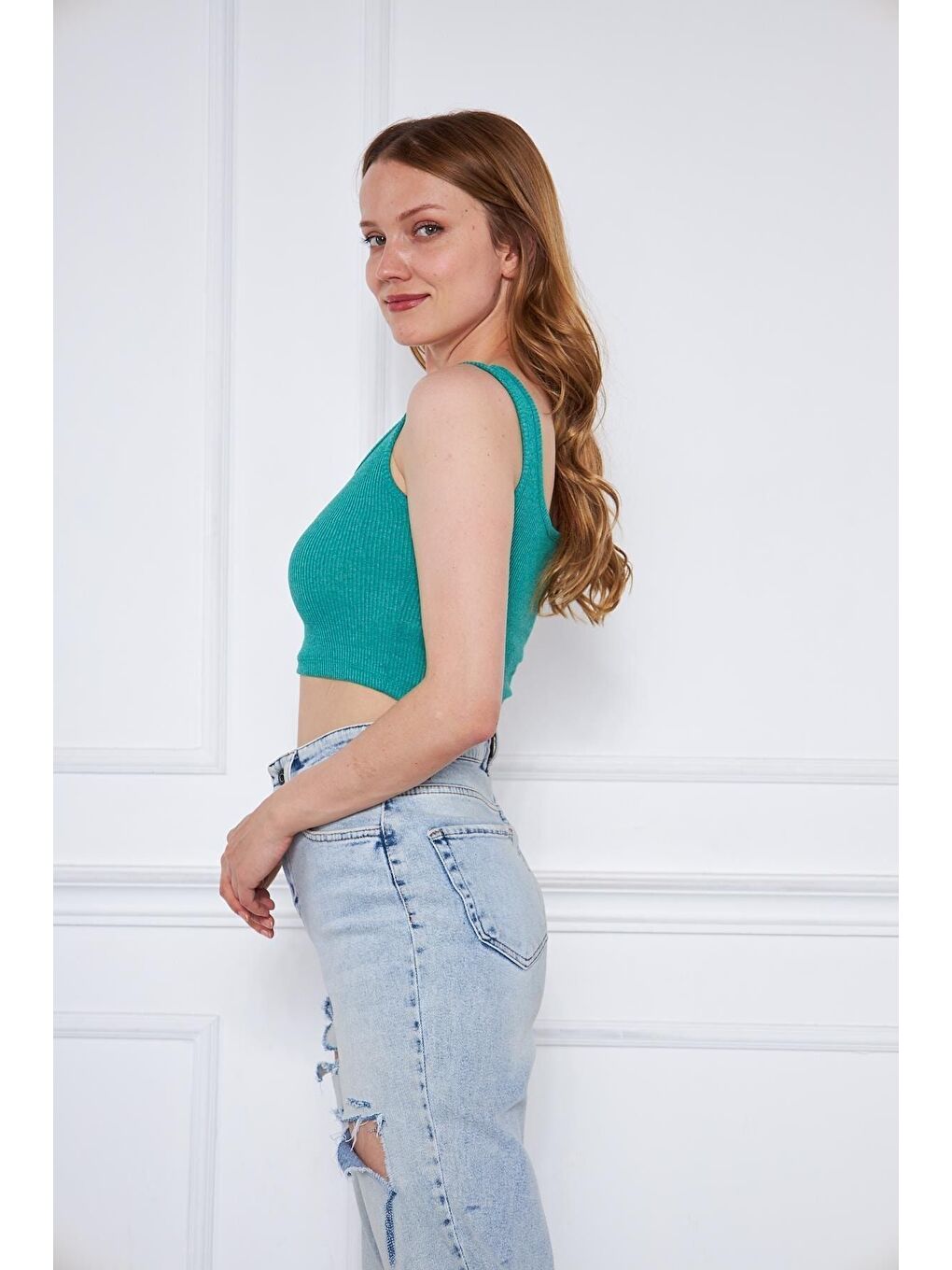 Yeşil Kadın Askılı Crop Top Bluz-4