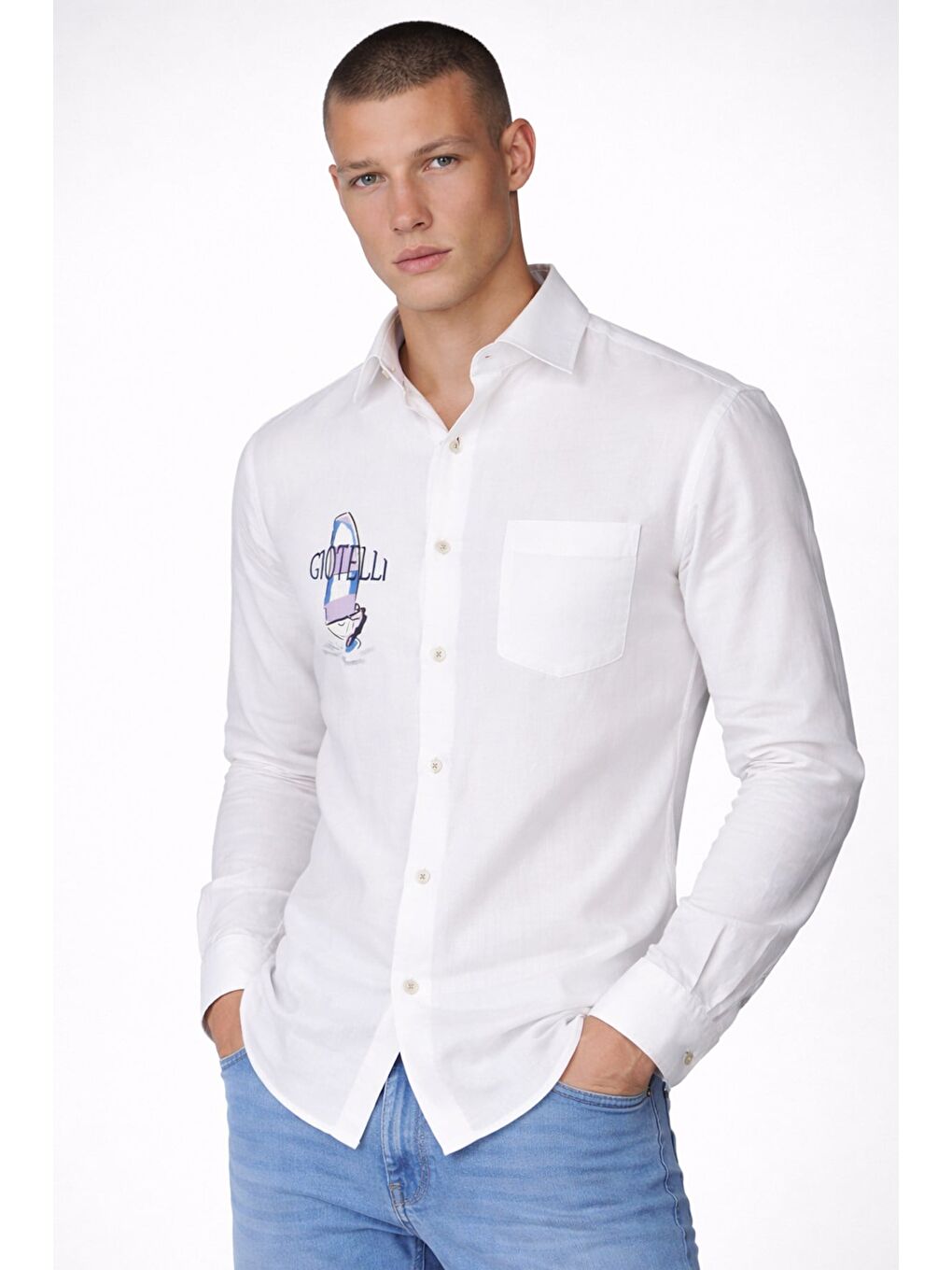 Giotelli Erkek Beyaz Dar Kesim Slim Fit Dokuma Baskılı Klasik Yaka Gömlek-1