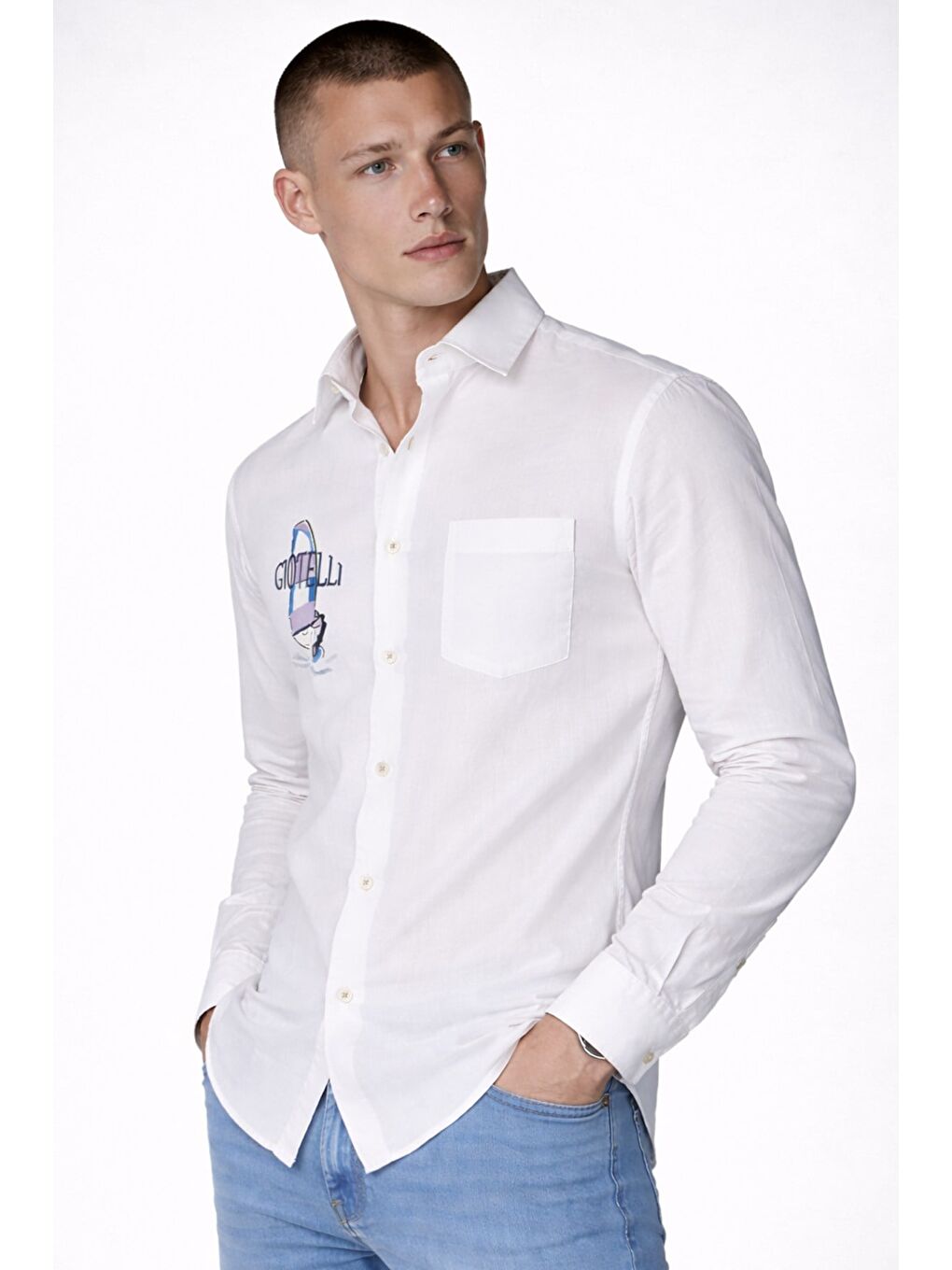 Giotelli Erkek Beyaz Dar Kesim Slim Fit Dokuma Baskılı Klasik Yaka Gömlek-2