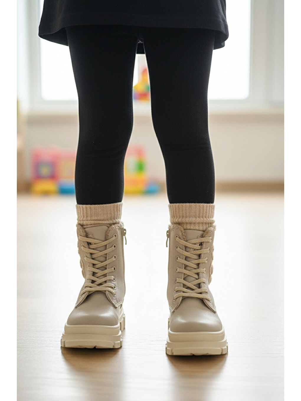 Kız Çocuk Bej Ayıcık Detaylı Fermuarlı Bot - 27893-BEJ-1