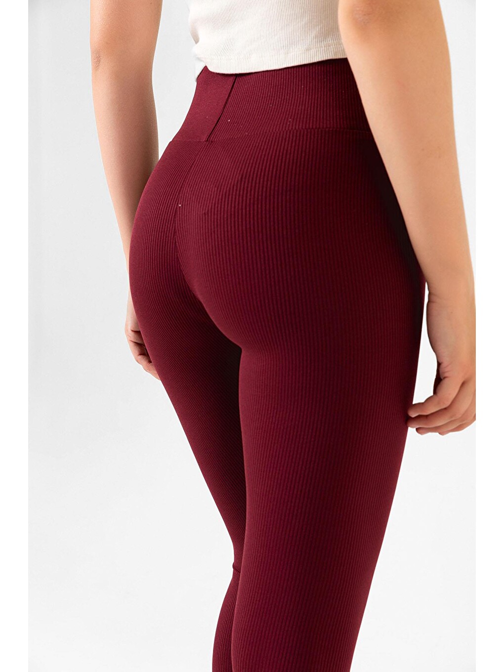 Bordo Yüksek Bel, Fitilli, Toparlayıcı interlok Beli Lastikli Örme Kadın Tayt @Tivoli-1