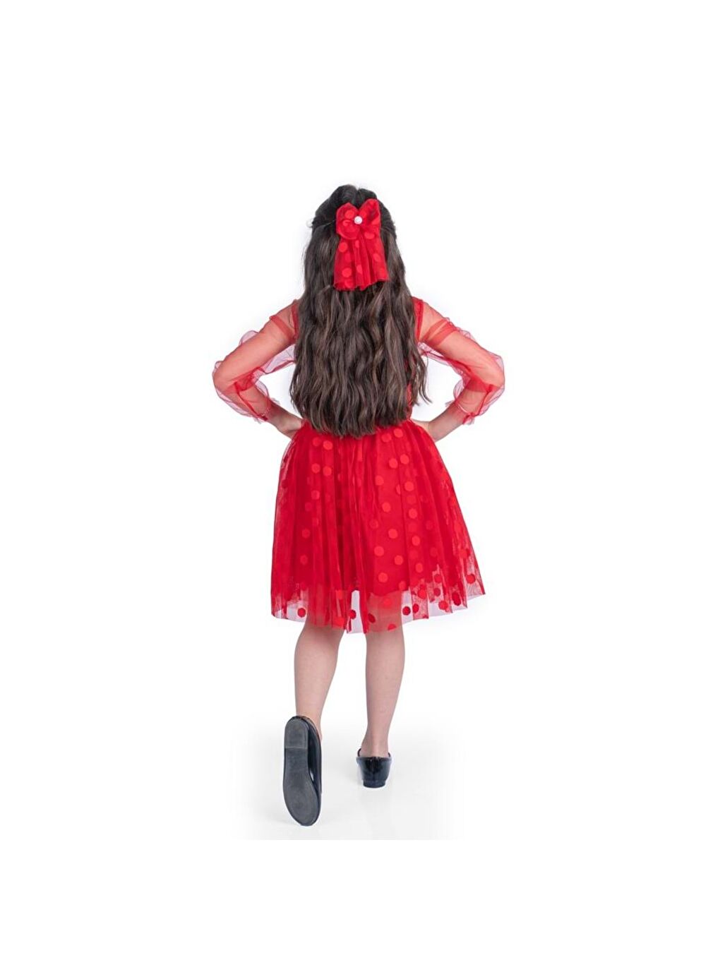Kırmızı Prenses İri Puanlı Tokalı Dantel Kumaş Kız Çocuk Elbise MNK0547-1