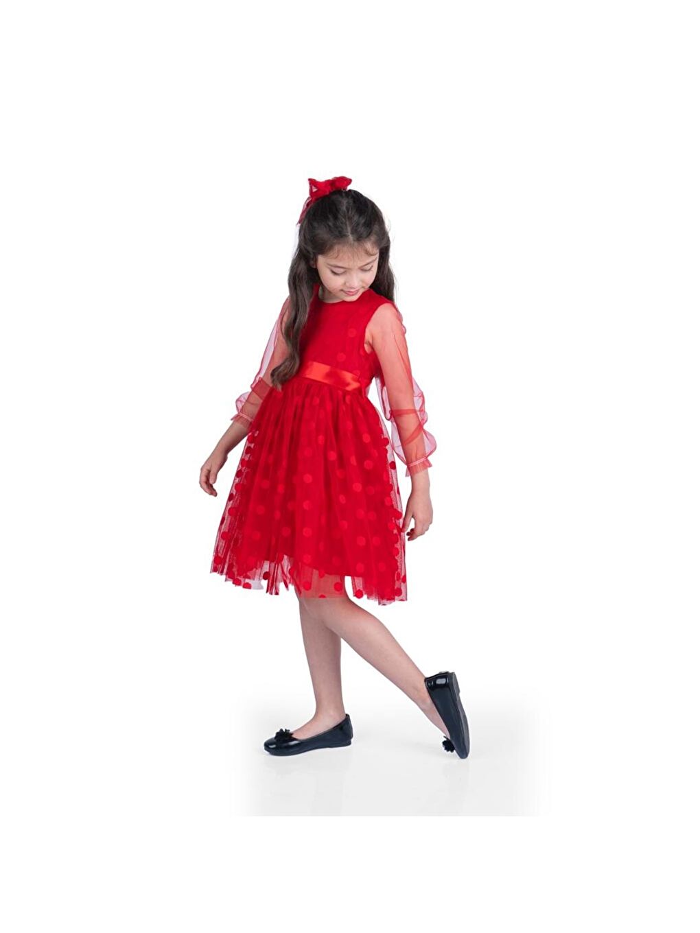 Kırmızı Prenses İri Puanlı Tokalı Dantel Kumaş Kız Çocuk Elbise MNK0547-2