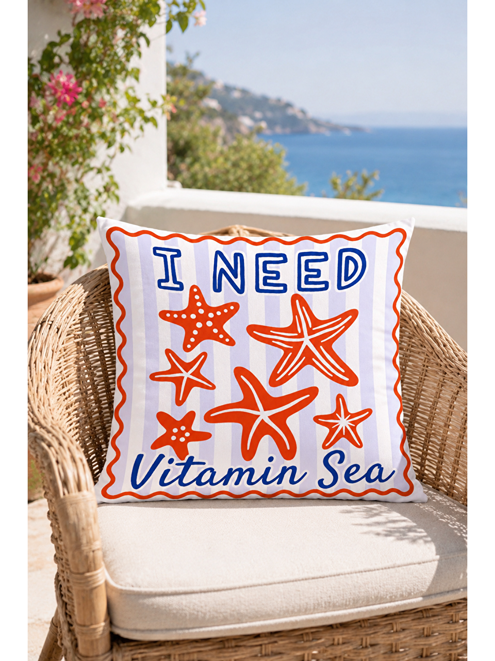 Beyaz Vitamin Sea Deniz Yıldızı Desenli Marin Dekoratif Kırlent Kılıfı Marin Dekor 43x43 Cm-2