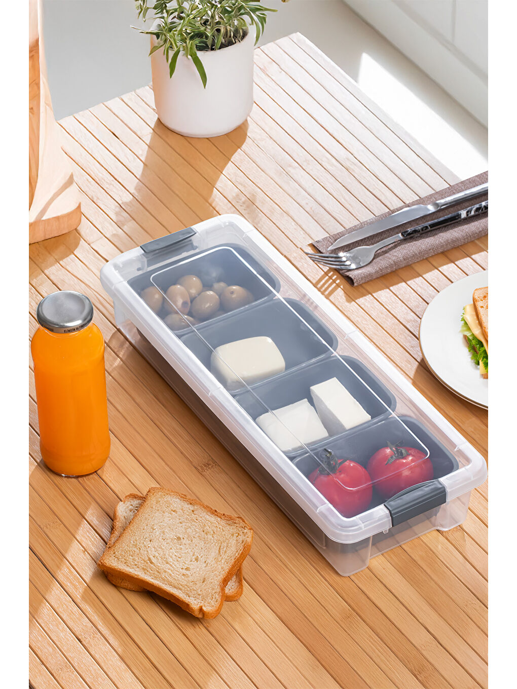 Renksiz org-457 4 bölmeli Kahvaltılık Çok Amaçlı Organizer Saklama Kabı Kapaklı Kahvaltılık Seti-4