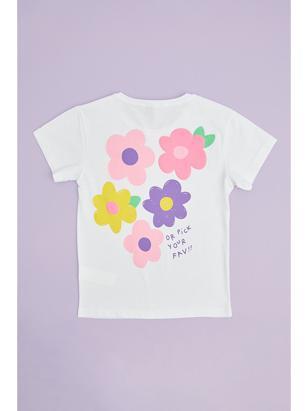 Beyaz Çiçek Baskılı Bisiklet Yaka Kız Çocuk Tişört-1